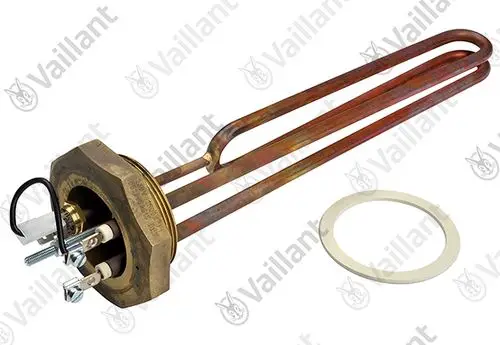 Vaillant Heizwendel mit zwei Heizschlangen in kupferfarbenem Metall, versehen mit elektrischen Anschlüssen und einer Dichtungsscheibe.